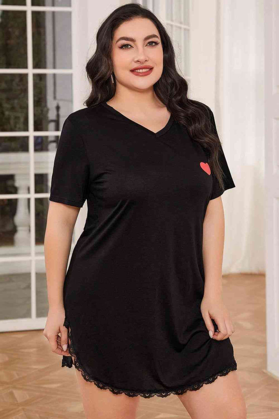 Plus Size Lace Trim V-Neck Short Sleeve Night Dress – Simply Beautiful Store