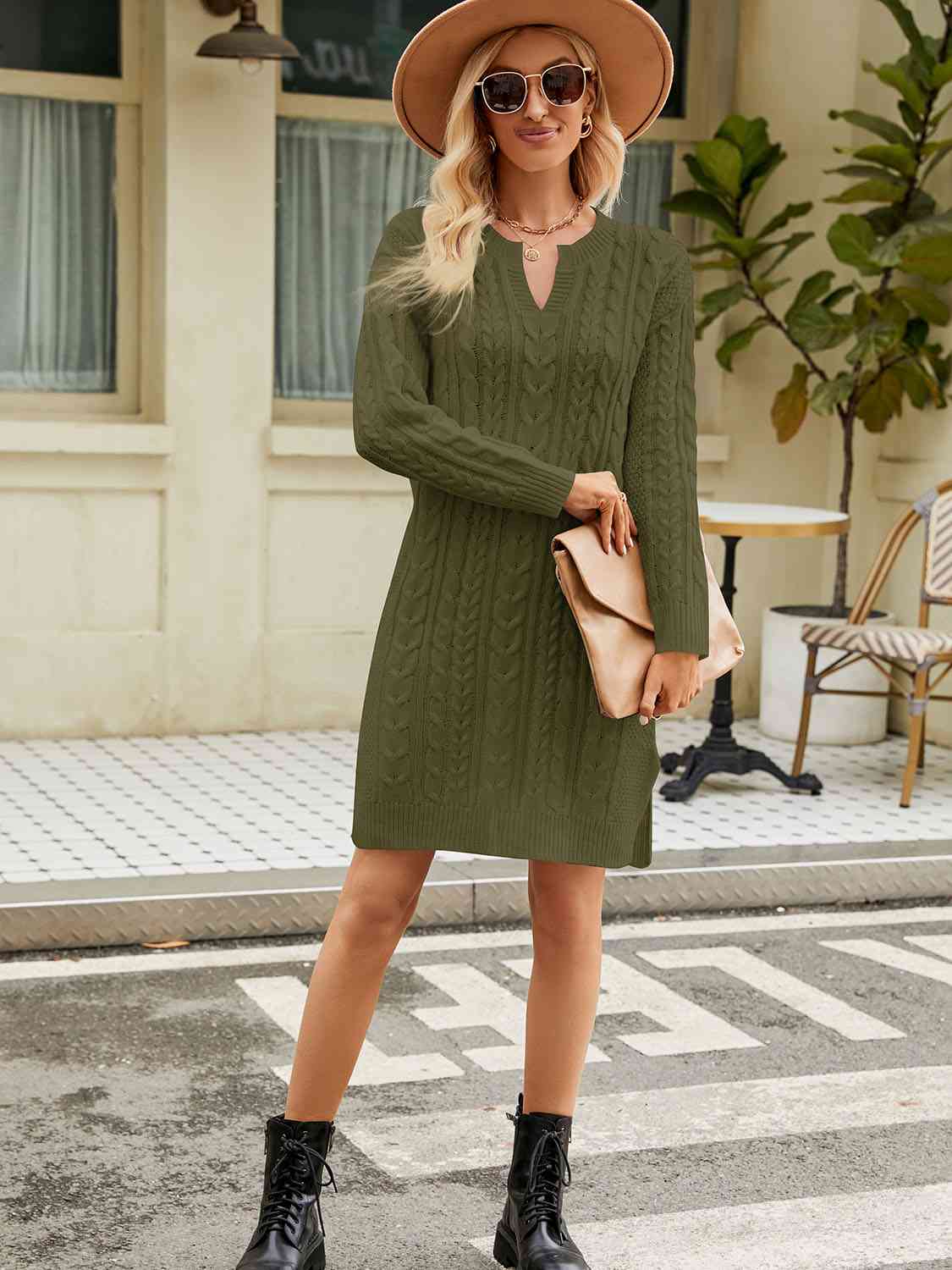 Notched Neck Cable-Knit Slit Sweater Dress – Simply Beautiful Store