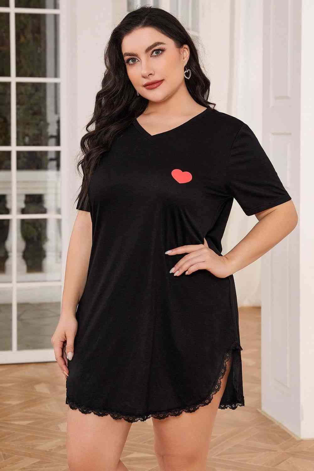 Plus Size Lace Trim V-Neck Short Sleeve Night Dress Plus Size Lace Trim V-Neck Short Sleeve Night Dress