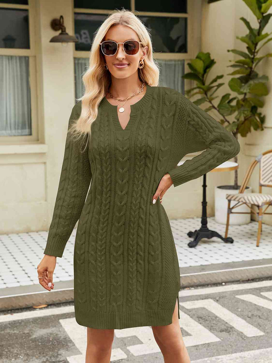Notched Neck Cable-Knit Slit Sweater Dress – Simply Beautiful Store