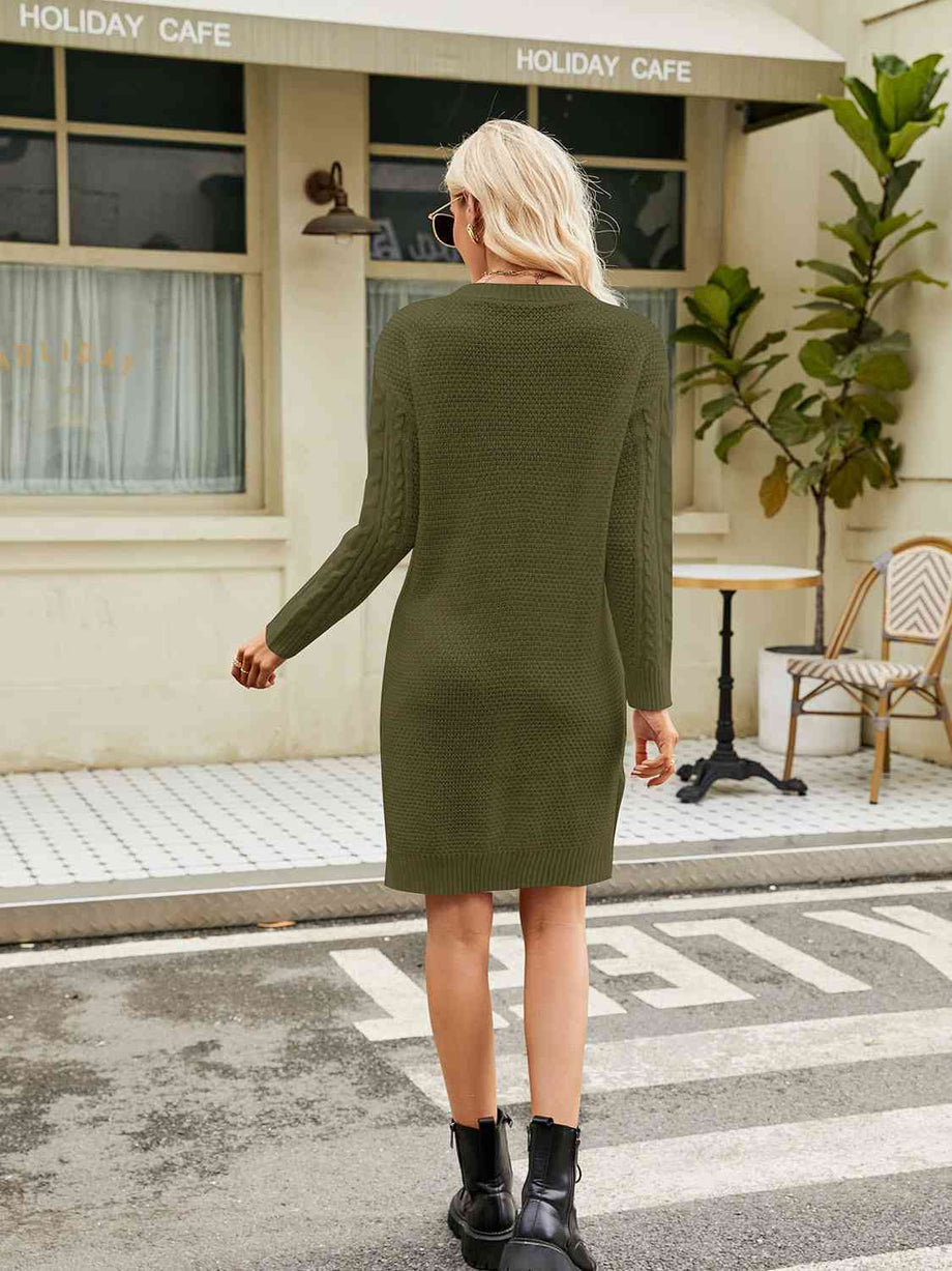 Notched Neck Cable-Knit Slit Sweater Dress Simply Beautiful Store Notched Neck Cable-Knit Slit Sweater Dress Simply Beautiful Store