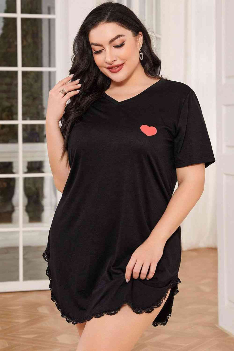 Plus Size Lace Trim V-Neck Short Sleeve Night Dress – Simply Beautiful Store